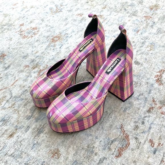 Larroude NWT New Plaid Platform Heels *Missing Ankle Strap* Sz 6.5 - Picture 1 of 7